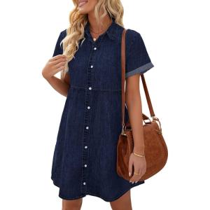 LookbookStore Women’s Short Sleeve Button Down Flowy Tiered Babydoll Denim Dress(A4 Twilight Blue)