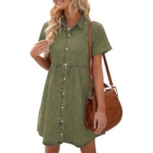 LookbookStore Women’s Short Sleeve Button Down Flowy Tiered Babydoll Denim Dress(Army Green)