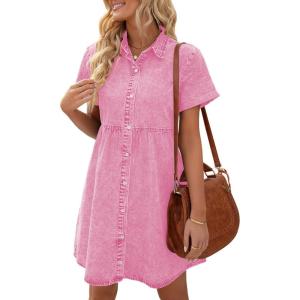 LookbookStore Women’s Short Sleeve Button Down Flowy Tiered Babydoll Denim Dress(Aurora Pink)
