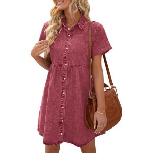 LookbookStore Women’s Short Sleeve Button Down Flowy Tiered Babydoll Denim Dress(Baroque Rose)
