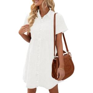 LookbookStore Women’s Short Sleeve Button Down Flowy Tiered Babydoll Denim Dress(Brilliant White)