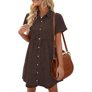 LookbookStore Women’s Short Sleeve Button Down Flowy Tiered Babydoll Denim Dress(Cocoa Brown)