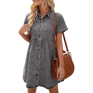 LookbookStore Women’s Short Sleeve Button Down Flowy Tiered Babydoll Denim Dress(Foxy Gray)