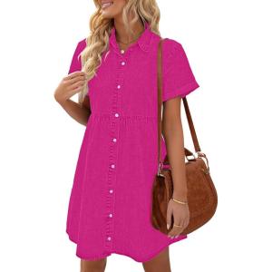 LookbookStore Women’s Short Sleeve Button Down Flowy Tiered Babydoll Denim Dress(Hot Pink)
