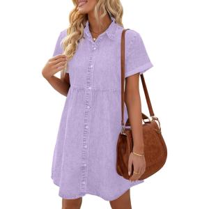 LookbookStore Women’s Short Sleeve Button Down Flowy Tiered Babydoll Denim Dress(Lavender)