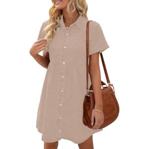 LookbookStore Women’s Short Sleeve Button Down Flowy Tiered Babydoll Denim Dress(Light Taupe)