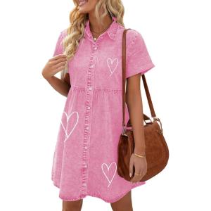 LookbookStore Women’s Short Sleeve Button Down Flowy Tiered Babydoll Denim Dress(Love Printing – Aurora Powder)