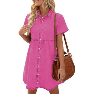 LookbookStore Women’s Short Sleeve Button Down Flowy Tiered Babydoll Denim Dress(Magenta)