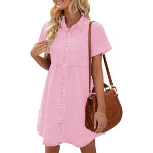 LookbookStore Women’s Short Sleeve Button Down Flowy Tiered Babydoll Denim Dress(Parfait Pink)