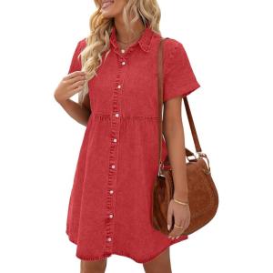 LookbookStore Women’s Short Sleeve Button Down Flowy Tiered Babydoll Denim Dress(Poppy Red)