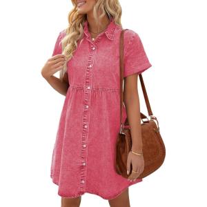 LookbookStore Women’s Short Sleeve Button Down Flowy Tiered Babydoll Denim Dress(Raspberry)