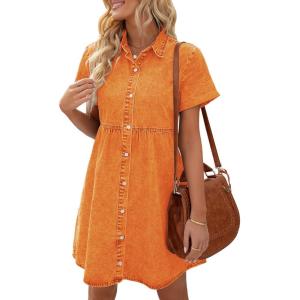 LookbookStore Women’s Short Sleeve Button Down Flowy Tiered Babydoll Denim Dress(Russet Orange)