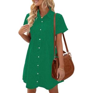 LookbookStore Women’s Short Sleeve Button Down Flowy Tiered Babydoll Denim Dress(Simply Green)