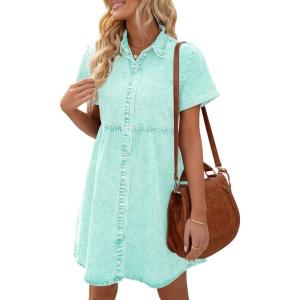 LookbookStore Women’s Short Sleeve Button Down Flowy Tiered Babydoll Denim Dress(Verdant Green)