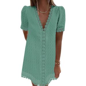 LookbookStore Women’s Summer V Neck Casual Short Sleeve Swiss Dot Lace Shift Dress