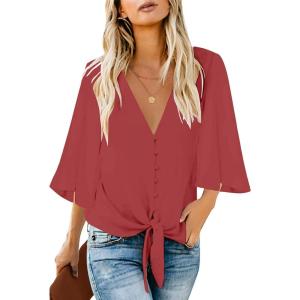 LookbookStore Women’s V Neck Button Down Shirts 3/4 Bell Sleeve Tie Knot Blouse(Tea Rose)