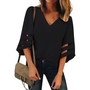 LookbookStore Women’s V Neck Mesh Panel Blouse 3/4 Bell Sleeve Loose Top Shirt(1 Black)