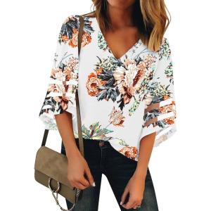 LookbookStore Women’s V Neck Mesh Panel Blouse 3/4 Bell Sleeve Loose Top Shirt(1 Floral Print Apricot)