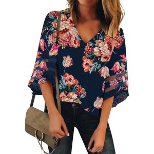 LookbookStore Women’s V Neck Mesh Panel Blouse 3/4 Bell Sleeve Loose Top Shirt(1 Floral Print Navy Blue)