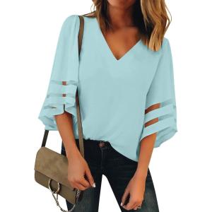 LookbookStore Women’s V Neck Mesh Panel Blouse 3/4 Bell Sleeve Loose Top Shirt(1 Light Blue)