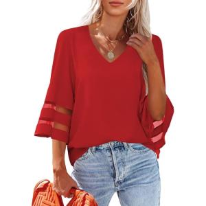 LookbookStore Women’s V Neck Mesh Panel Blouse 3/4 Bell Sleeve Loose Top Shirt(1 Red)