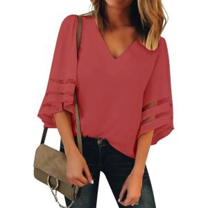 LookbookStore Women’s V Neck Mesh Panel Blouse 3/4 Bell Sleeve Loose Top Shirt(1 Tea Rose)