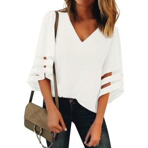 LookbookStore Women’s V Neck Mesh Panel Blouse 3/4 Bell Sleeve Loose Top Shirt(Beige)