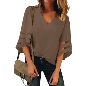 LookbookStore Women’s V Neck Mesh Panel Blouse 3/4 Bell Sleeve Loose Top Shirt(Brown)