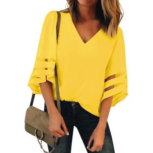 LookbookStore Women’s V Neck Mesh Panel Blouse 3/4 Bell Sleeve Loose Top Shirt(Buttercup Yellow)