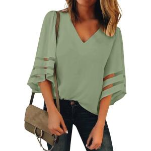 LookbookStore Women’s V Neck Mesh Panel Blouse 3/4 Bell Sleeve Loose Top Shirt(Cameo Green)