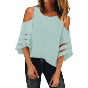 LookbookStore Women’s V Neck Mesh Panel Blouse 3/4 Bell Sleeve Loose Top Shirt(Clearly Aqua)