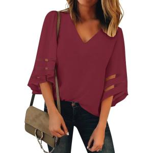 LookbookStore Women’s V Neck Mesh Panel Blouse 3/4 Bell Sleeve Loose Top Shirt(Cordovan Red)