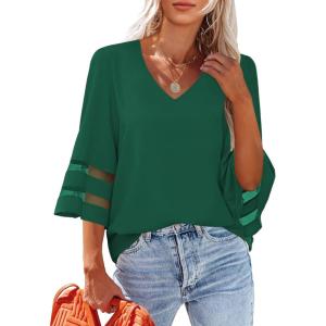 LookbookStore Women’s V Neck Mesh Panel Blouse 3/4 Bell Sleeve Loose Top Shirt(Dark Green)