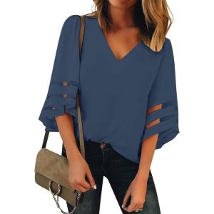 LookbookStore Women’s V Neck Mesh Panel Blouse 3/4 Bell Sleeve Loose Top Shirt(Deep Cobalt Blue)