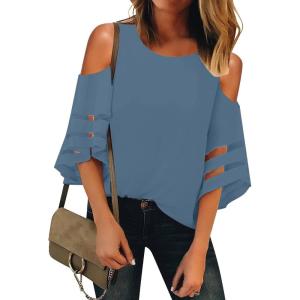 LookbookStore Women’s V Neck Mesh Panel Blouse 3/4 Bell Sleeve Loose Top Shirt(Dusty Blue)