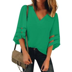 LookbookStore Women’s V Neck Mesh Panel Blouse 3/4 Bell Sleeve Loose Top Shirt(Evergreen)