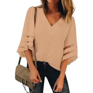LookbookStore Women’s V Neck Mesh Panel Blouse 3/4 Bell Sleeve Loose Top Shirt(Fallow Brown)