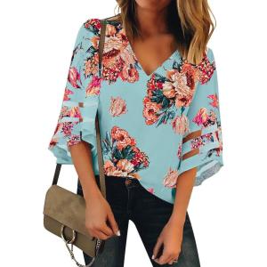 LookbookStore Women’s V Neck Mesh Panel Blouse 3/4 Bell Sleeve Loose Top Shirt(Floral Print Blue)