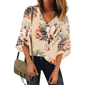 LookbookStore Women’s V Neck Mesh Panel Blouse 3/4 Bell Sleeve Loose Top Shirt(Floral Print Wheat)