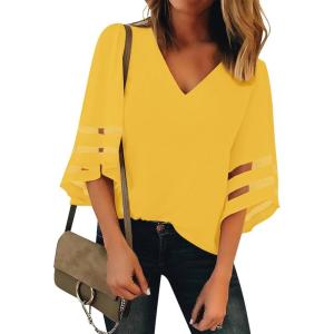 LookbookStore Women’s V Neck Mesh Panel Blouse 3/4 Bell Sleeve Loose Top Shirt(Gold Lemon)