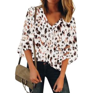 LookbookStore Women’s V Neck Mesh Panel Blouse 3/4 Bell Sleeve Loose Top Shirt(Leopard Print Beige)