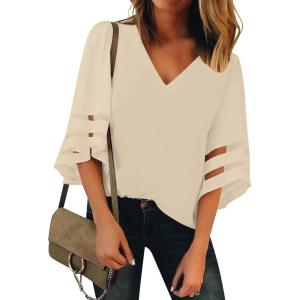LookbookStore Women’s V Neck Mesh Panel Blouse 3/4 Bell Sleeve Loose Top Shirt(Light Yellow)