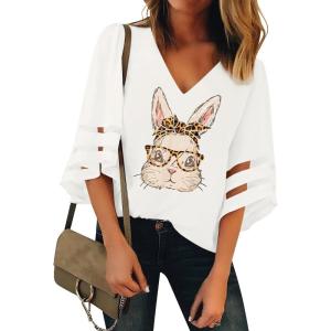 LookbookStore Women’s V Neck Mesh Panel Blouse 3/4 Bell Sleeve Loose Top Shirt(Printed Easter White)