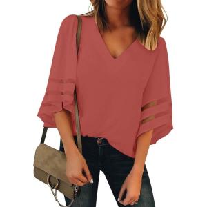 LookbookStore Women’s V Neck Mesh Panel Blouse 3/4 Bell Sleeve Loose Top Shirt(Rococco Red)