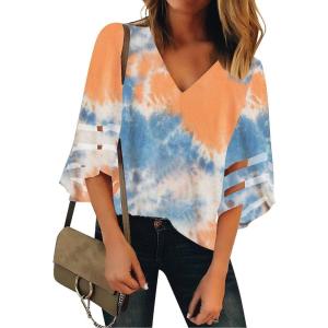 LookbookStore Women’s V Neck Mesh Panel Blouse 3/4 Bell Sleeve Loose Top Shirt(Tie Dye Multicolor)