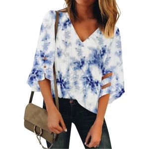 LookbookStore Women’s V Neck Mesh Panel Blouse 3/4 Bell Sleeve Loose Top Shirt(Tie Dye Navy)