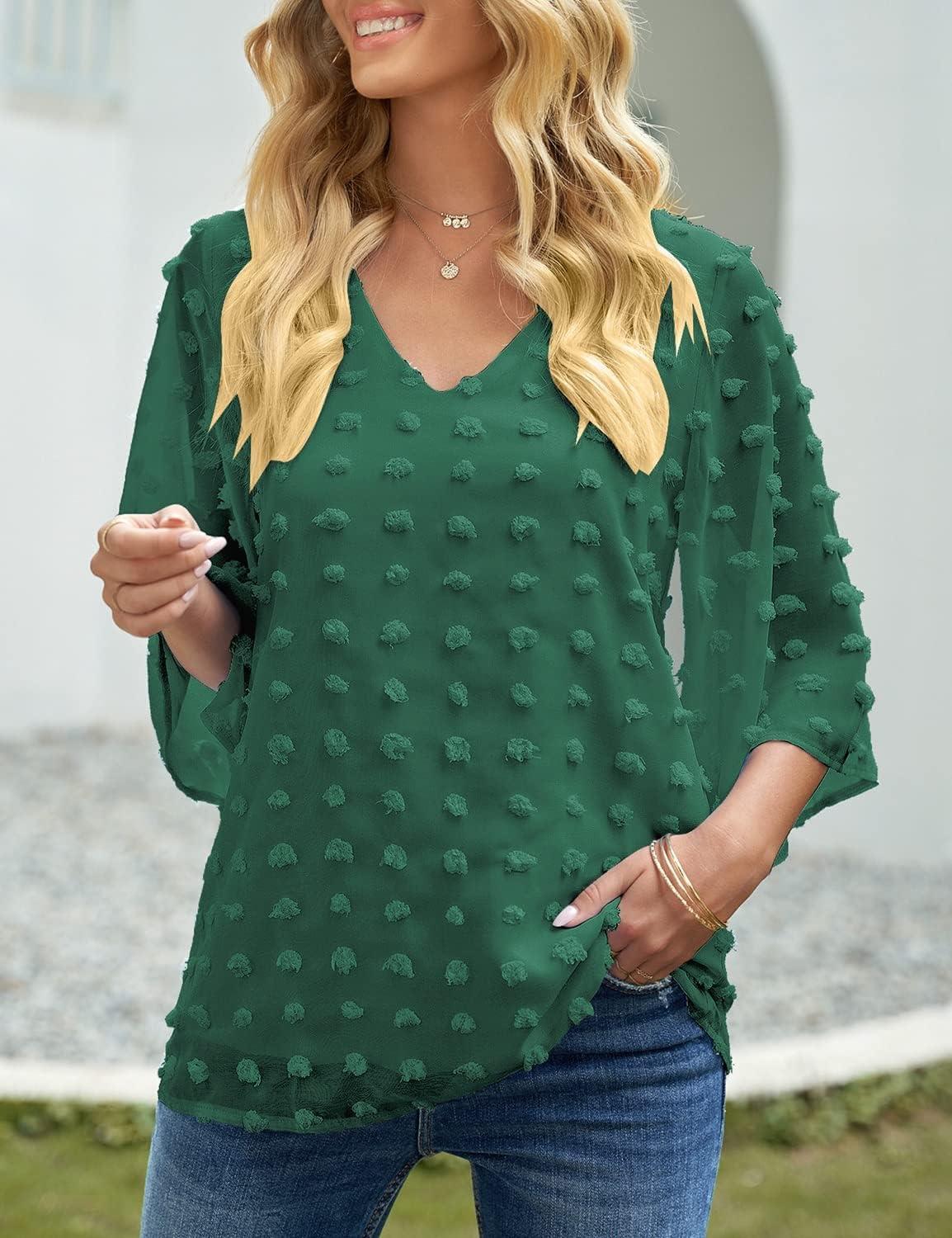 imageLookbookStore Women Blouses and Tops Fashion for Work Cute Tops for Women Trendy Bell Sleeve Tops Casual V Neck 34 Sleeve Pom Pom Shirts Top V Neck Loose Top Textured Shirt Army Green Size XL