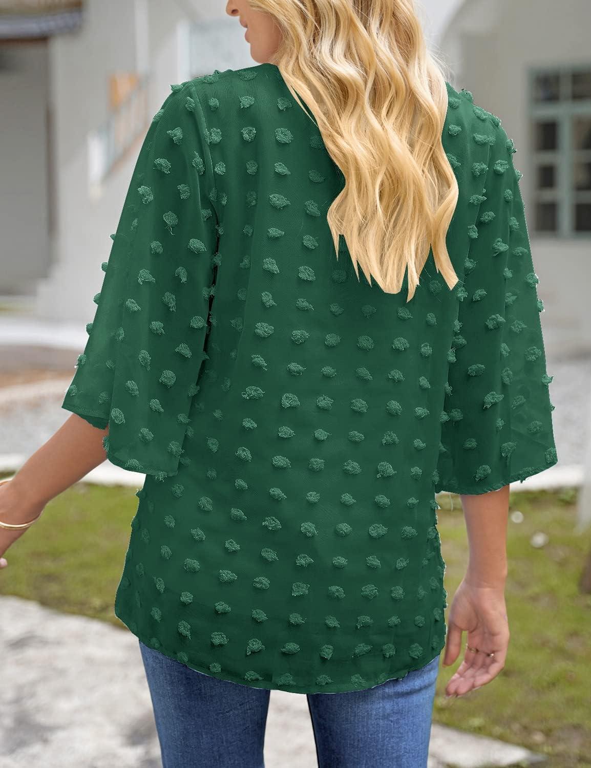 imageLookbookStore Women Blouses and Tops Fashion for Work Cute Tops for Women Trendy Bell Sleeve Tops Casual V Neck 34 Sleeve Pom Pom Shirts Top V Neck Loose Top Textured Shirt Army Green Size XL