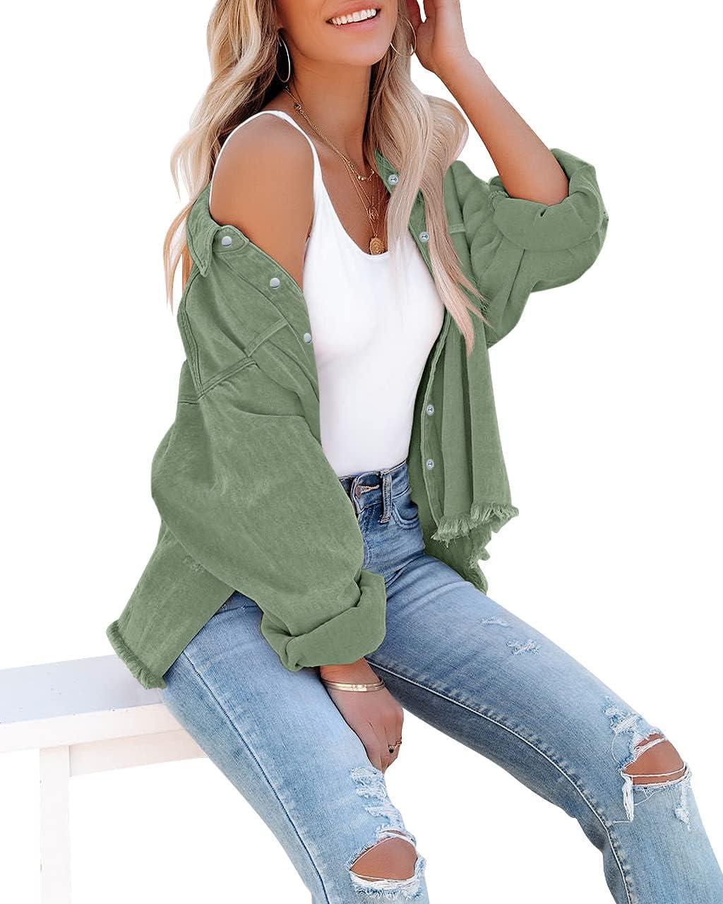 imageLookbookStore Womens Denim Jacket Oversized Button Down Shirts Jean Shacket Distressed Frayed Coat