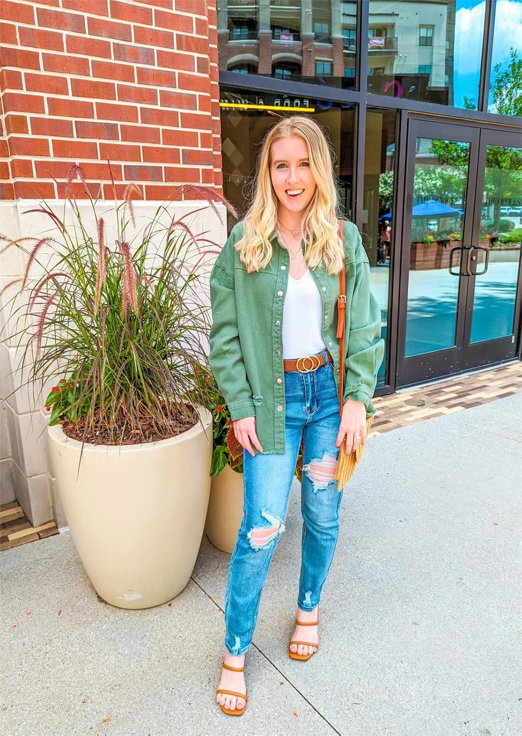 imageLookbookStore Womens Denim Jacket Oversized Button Down Shirts Jean Shacket Distressed Frayed Coat